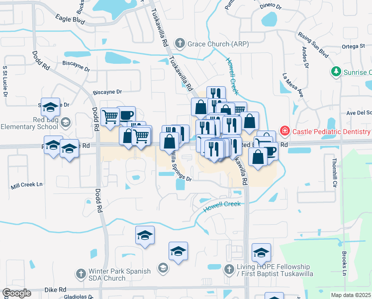 map of restaurants, bars, coffee shops, grocery stores, and more near 5535 Red Bug Lake Road in Winter Springs