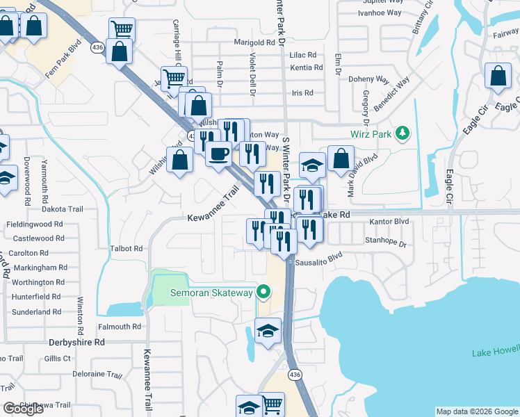 map of restaurants, bars, coffee shops, grocery stores, and more near 955 Florida 436 in Casselberry