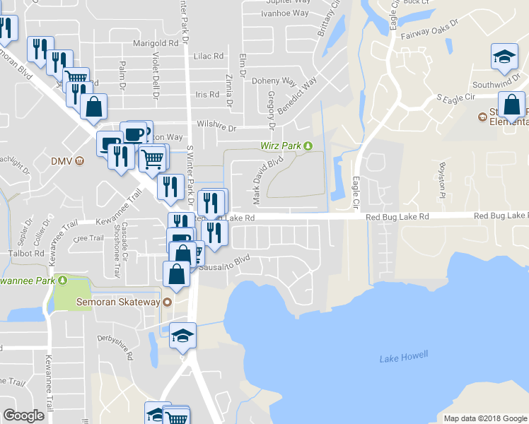 map of restaurants, bars, coffee shops, grocery stores, and more near 111 Mark David Boulevard in Casselberry