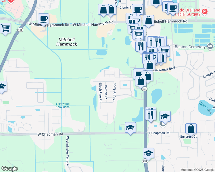 map of restaurants, bars, coffee shops, grocery stores, and more near 213 Imperial Ridge Court in Oviedo