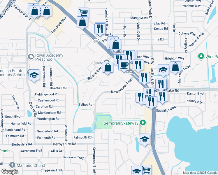 map of restaurants, bars, coffee shops, grocery stores, and more near 2401 Harleyford Place in Casselberry