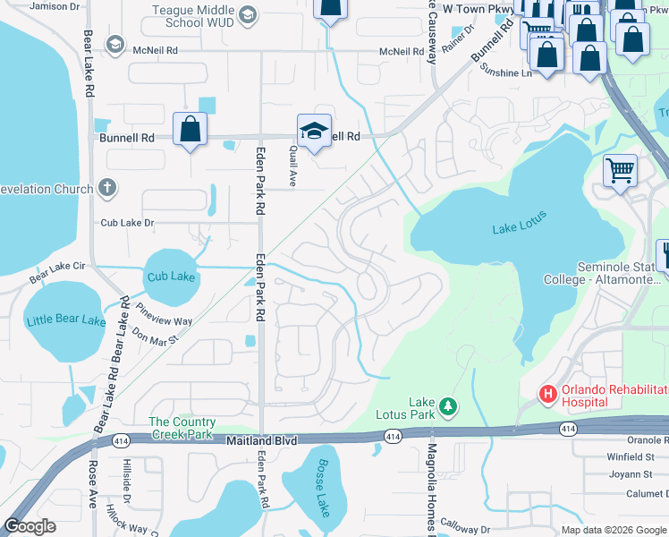 map of restaurants, bars, coffee shops, grocery stores, and more near 1214 Bent Oak Trail in Altamonte Springs
