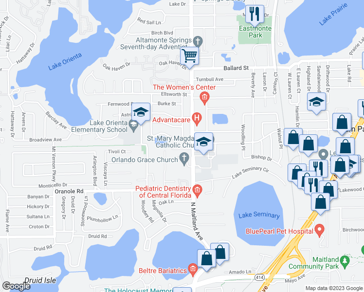 map of restaurants, bars, coffee shops, grocery stores, and more near 507 Roy Boulevard in Altamonte Springs