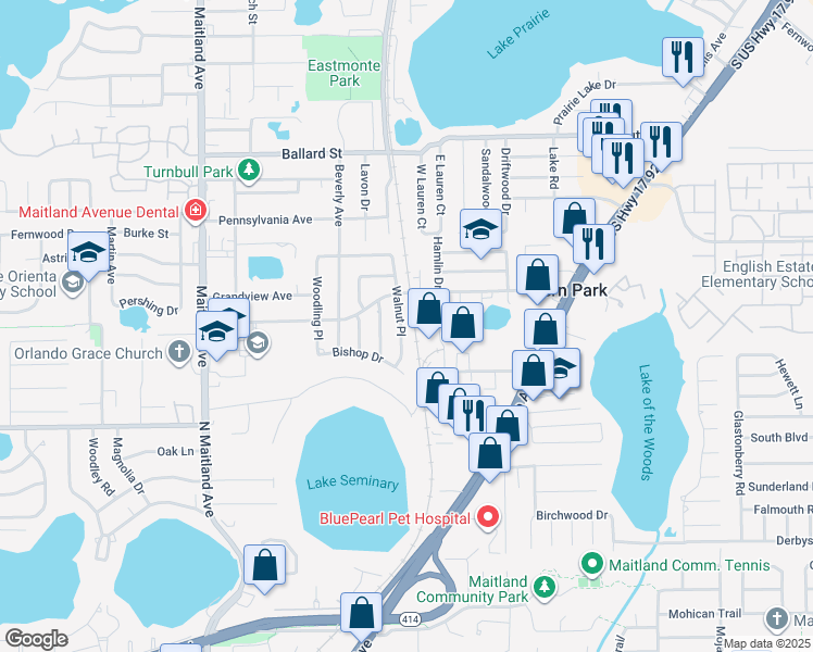map of restaurants, bars, coffee shops, grocery stores, and more near 809 Walnut Place in Altamonte Springs
