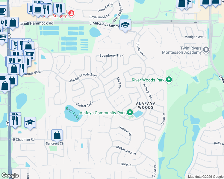 map of restaurants, bars, coffee shops, grocery stores, and more near 1018 Olliff Way in Oviedo