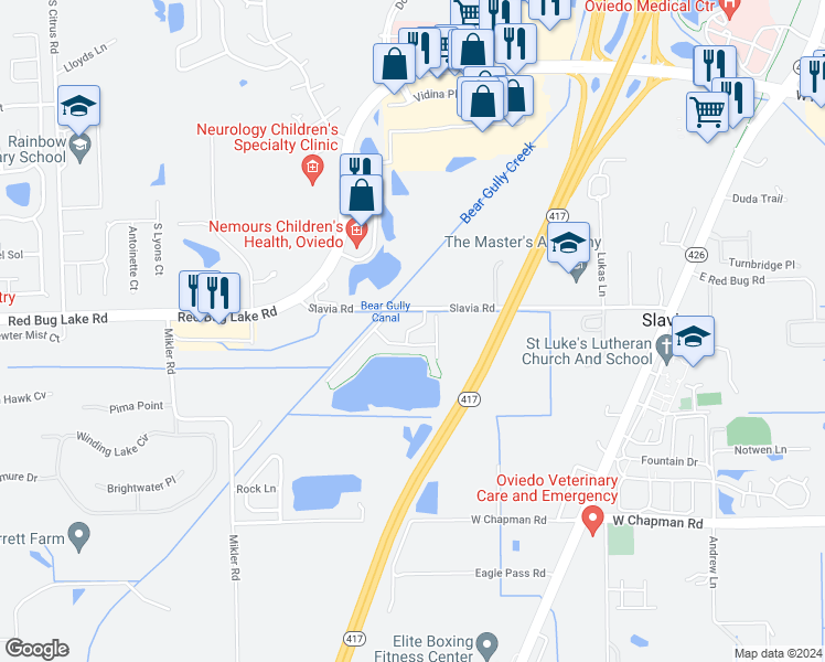 map of restaurants, bars, coffee shops, grocery stores, and more near 1920 Summer Club Drive in Oviedo