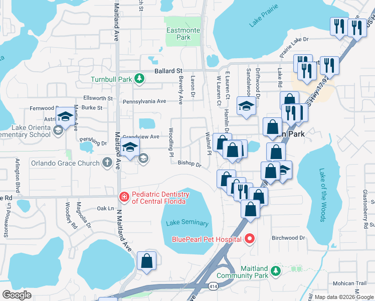 map of restaurants, bars, coffee shops, grocery stores, and more near 806 Gregory Lane in Altamonte Springs