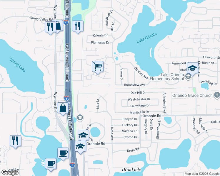 map of restaurants, bars, coffee shops, grocery stores, and more near 305 Cynthia Court in Maitland