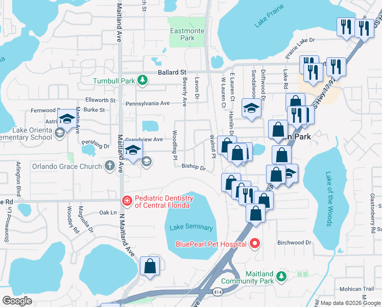 map of restaurants, bars, coffee shops, grocery stores, and more near 806 Gregory Lane in Altamonte Springs