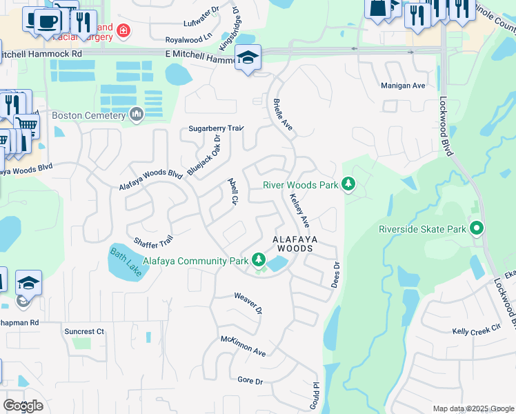 map of restaurants, bars, coffee shops, grocery stores, and more near 1061 Burnett Street in Oviedo