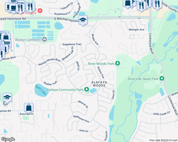 map of restaurants, bars, coffee shops, grocery stores, and more near 1061 Burnett Street in Oviedo