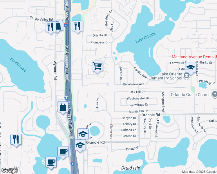 map of restaurants, bars, coffee shops, grocery stores, and more near 725 Northlake Boulevard in Altamonte Springs