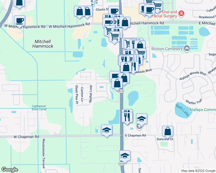 map of restaurants, bars, coffee shops, grocery stores, and more near 1536 Purple Plum Lane in Oviedo