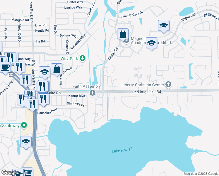 map of restaurants, bars, coffee shops, grocery stores, and more near 1630 Shoreview Circle in Casselberry