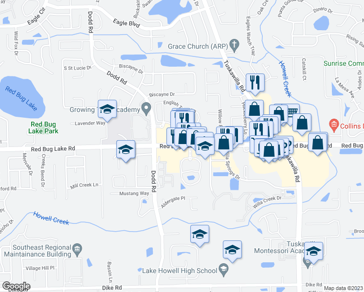 map of restaurants, bars, coffee shops, grocery stores, and more near 5256 Red Bug Lake Road in Winter Springs