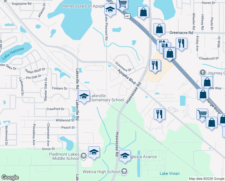 map of restaurants, bars, coffee shops, grocery stores, and more near 1811 Windsor Oak Drive in Apopka