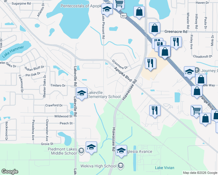 map of restaurants, bars, coffee shops, grocery stores, and more near 1811 Windsor Oak Drive in Apopka