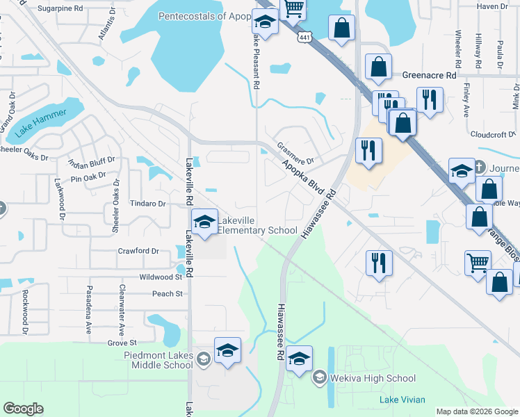 map of restaurants, bars, coffee shops, grocery stores, and more near 1811 Windsor Oak Drive in Apopka