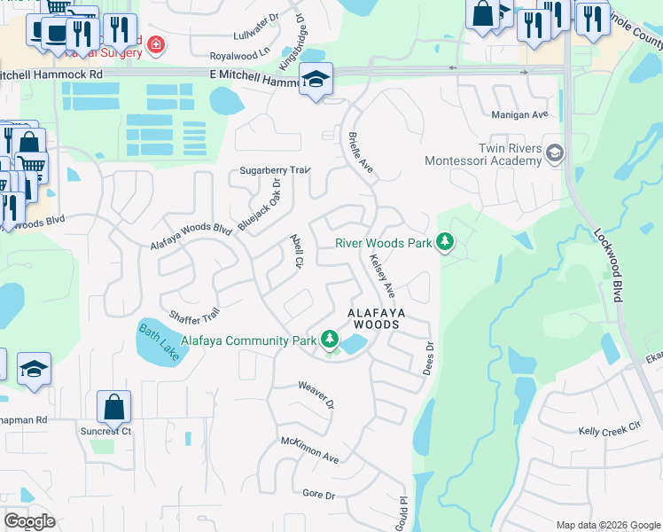 map of restaurants, bars, coffee shops, grocery stores, and more near 1080 Covington Street in Oviedo