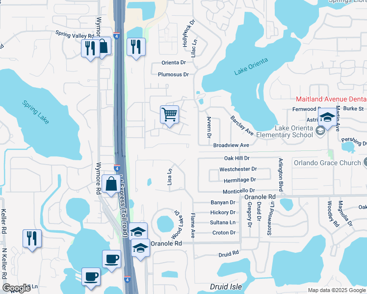 map of restaurants, bars, coffee shops, grocery stores, and more near 725 Northlake Boulevard in Altamonte Springs