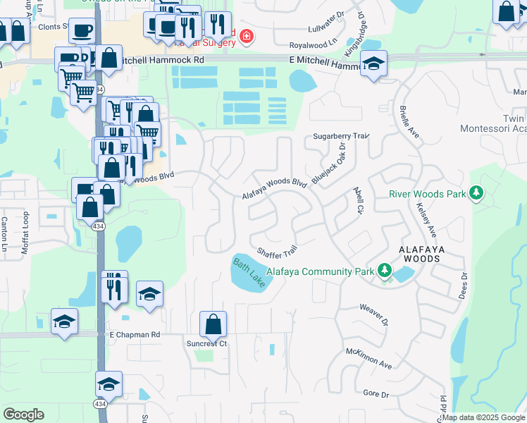 map of restaurants, bars, coffee shops, grocery stores, and more near 1048 Shaffer Trail in Oviedo