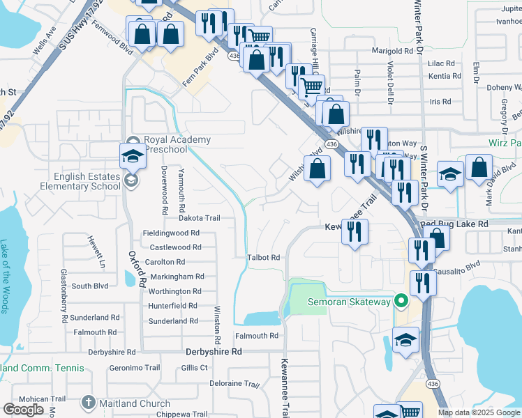 map of restaurants, bars, coffee shops, grocery stores, and more near 2108 Abercorn Court in Casselberry