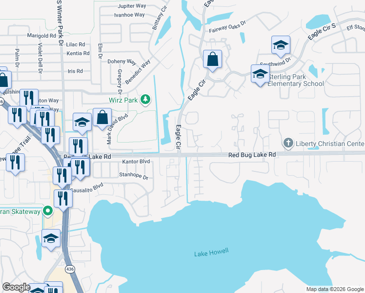 map of restaurants, bars, coffee shops, grocery stores, and more near 1630 Shoreview Circle in Casselberry