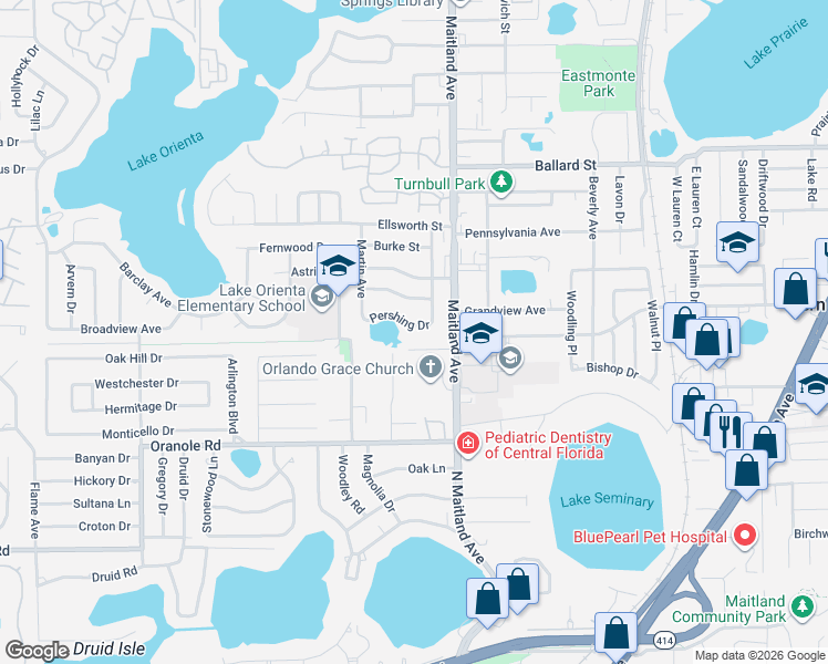 map of restaurants, bars, coffee shops, grocery stores, and more near 516 Roy Boulevard in Altamonte Springs