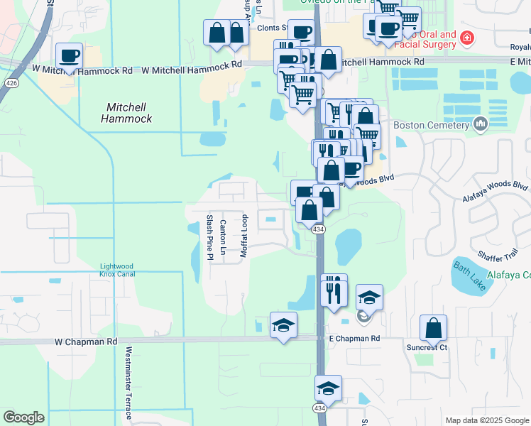 map of restaurants, bars, coffee shops, grocery stores, and more near 225 Angel Trumpet Way in Oviedo