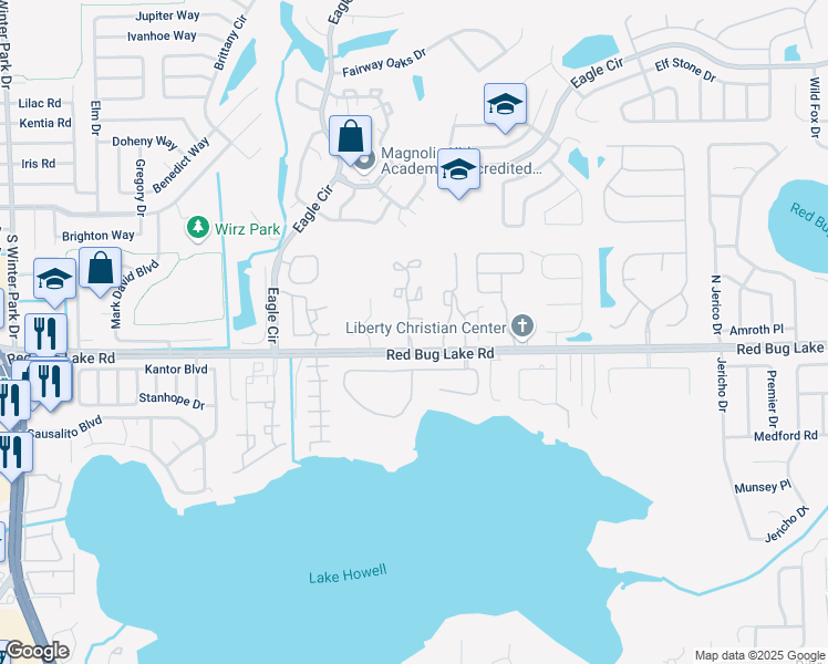 map of restaurants, bars, coffee shops, grocery stores, and more near 2939 Embassy Court in Casselberry