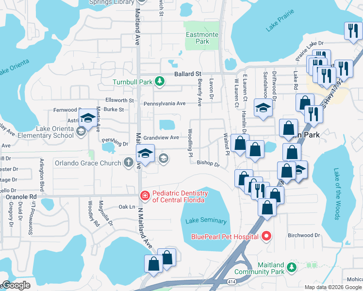 map of restaurants, bars, coffee shops, grocery stores, and more near 624 Woodling Place in Altamonte Springs