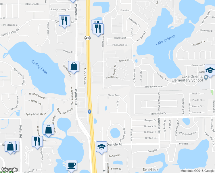 map of restaurants, bars, coffee shops, grocery stores, and more near 220 Cherokee Court in Altamonte Springs