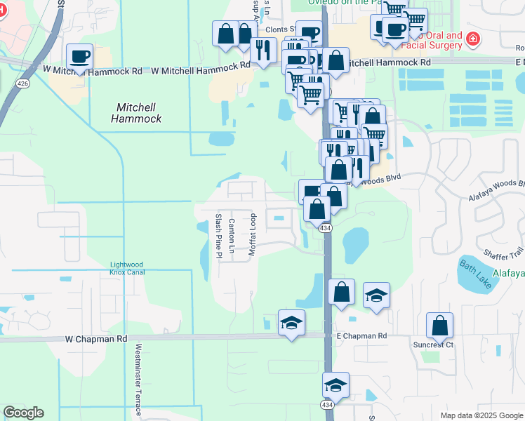 map of restaurants, bars, coffee shops, grocery stores, and more near 190 Mitchell Creek Way in Oviedo