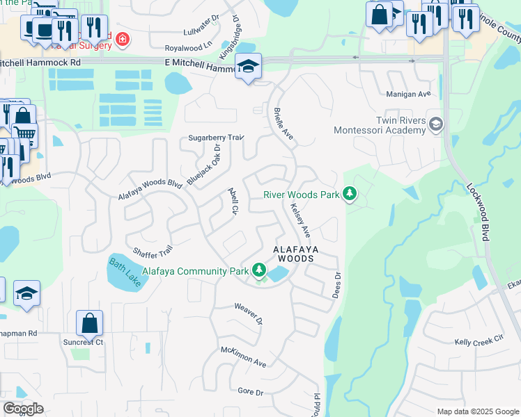 map of restaurants, bars, coffee shops, grocery stores, and more near 1016 Pearson Drive in Oviedo