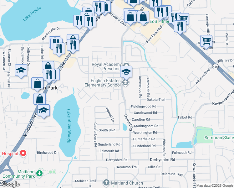 map of restaurants, bars, coffee shops, grocery stores, and more near 151 Fallwood Street in Casselberry