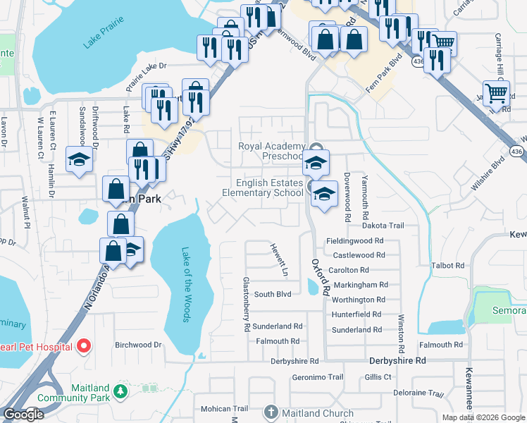 map of restaurants, bars, coffee shops, grocery stores, and more near 923 Winter Green Boulevard in Casselberry