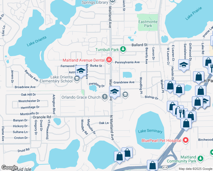 map of restaurants, bars, coffee shops, grocery stores, and more near 627 Truesdell Avenue in Altamonte Springs