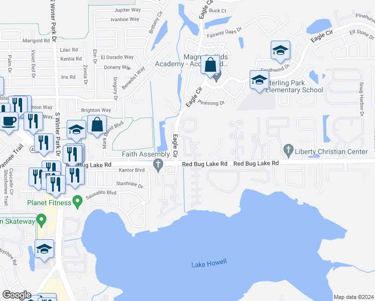 map of restaurants, bars, coffee shops, grocery stores, and more near 905 Northern Dancer Way in Casselberry