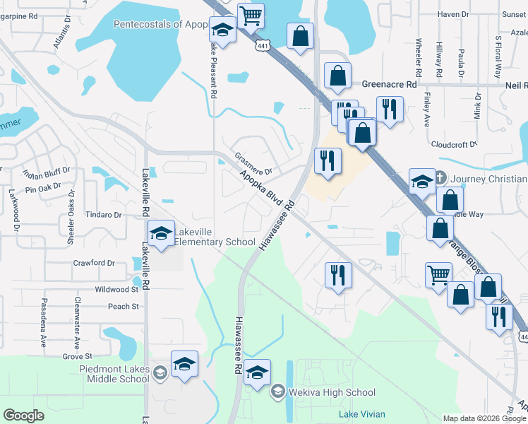 map of restaurants, bars, coffee shops, grocery stores, and more near 1985 Shannon Lane in Apopka