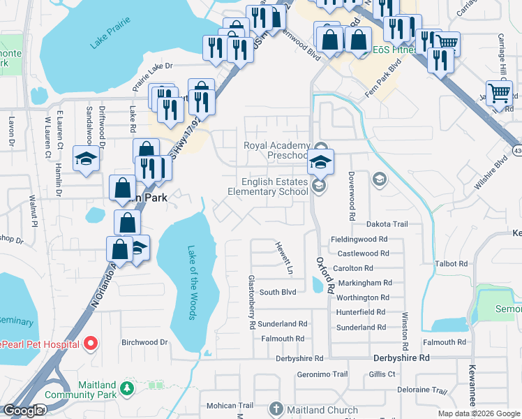 map of restaurants, bars, coffee shops, grocery stores, and more near 923 Winter Green Boulevard in Casselberry