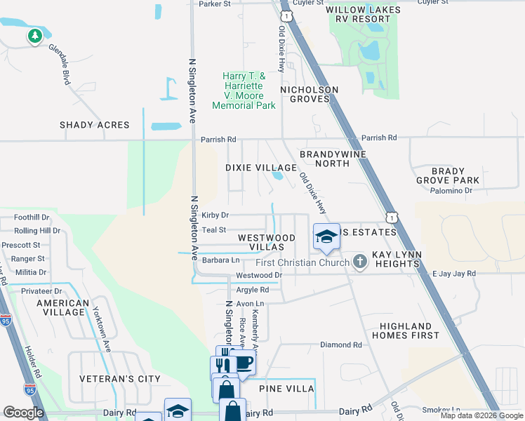 map of restaurants, bars, coffee shops, grocery stores, and more near 3300 Kentucky Street in Titusville