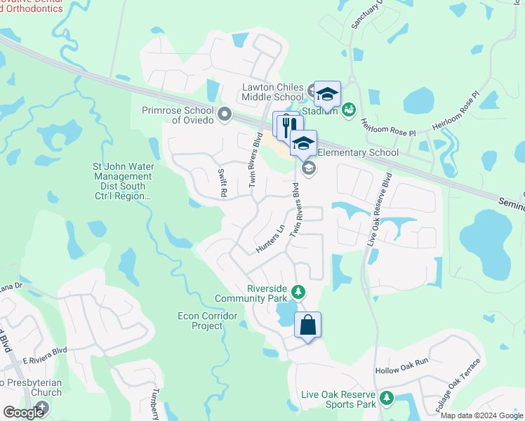 map of restaurants, bars, coffee shops, grocery stores, and more near 1163 Twin Rivers Boulevard in Oviedo
