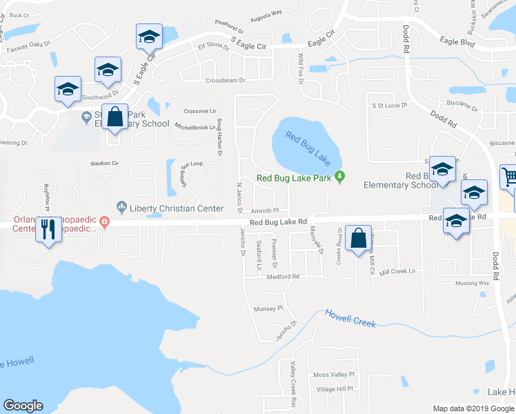 map of restaurants, bars, coffee shops, grocery stores, and more near 2912 Amroth Place in Casselberry