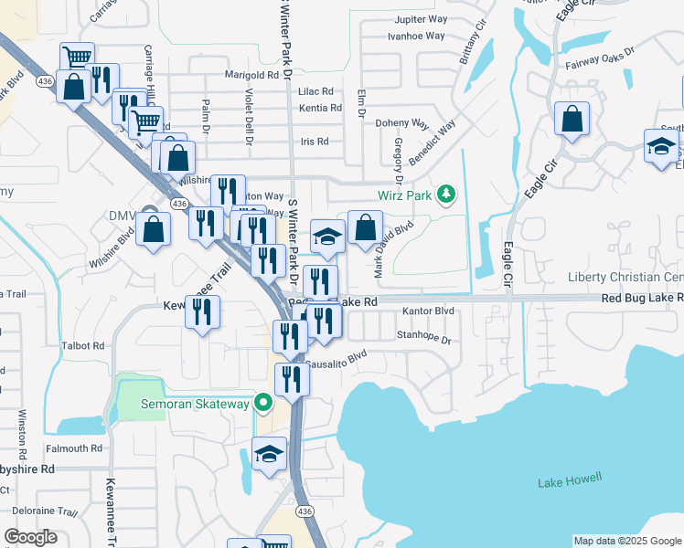 map of restaurants, bars, coffee shops, grocery stores, and more near 18 Cobblestone Court in Casselberry