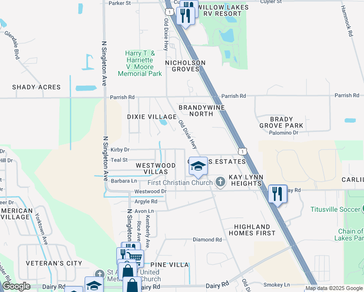 map of restaurants, bars, coffee shops, grocery stores, and more near 1900 Old Dixie Highway in Titusville