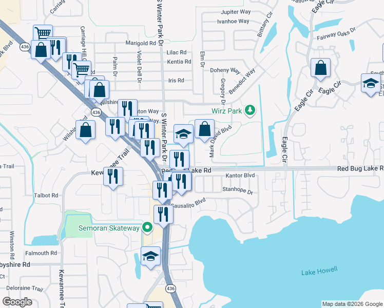 map of restaurants, bars, coffee shops, grocery stores, and more near 18 Cobblestone Court in Casselberry