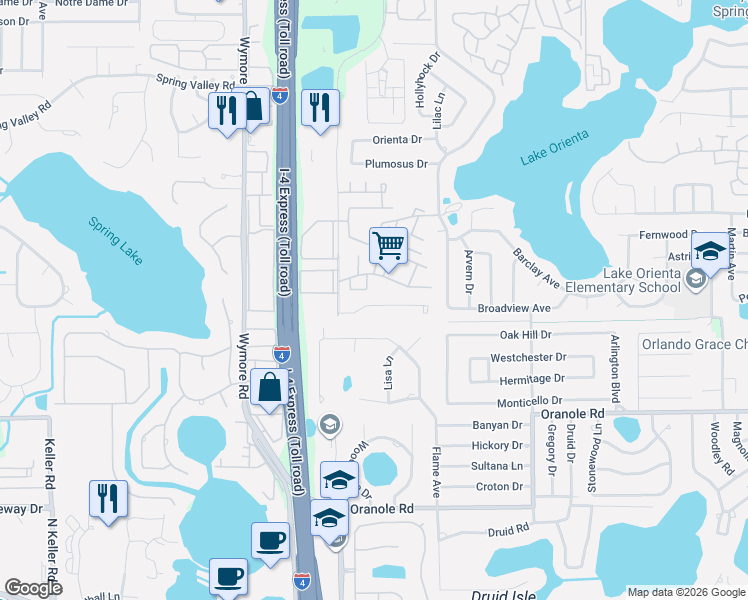 map of restaurants, bars, coffee shops, grocery stores, and more near 220 Cherokee Court in Altamonte Springs
