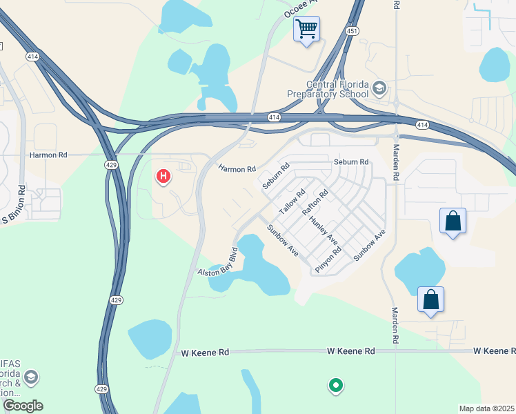 map of restaurants, bars, coffee shops, grocery stores, and more near 1391 Seburn Road in Apopka