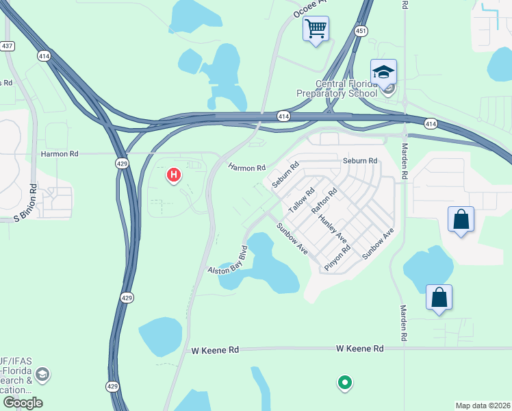 map of restaurants, bars, coffee shops, grocery stores, and more near 1601 Alston Bay Boulevard in Apopka