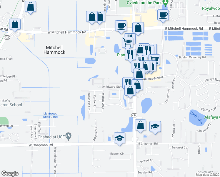 map of restaurants, bars, coffee shops, grocery stores, and more near 238 Windflower Way in Oviedo